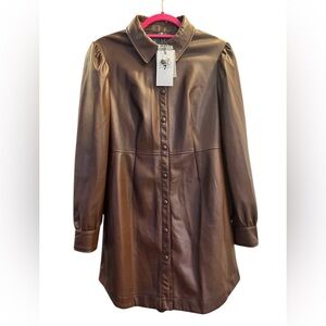 7 For All Mankind Brown Faux Leather Puff Sleeve Button Down Dress Size S